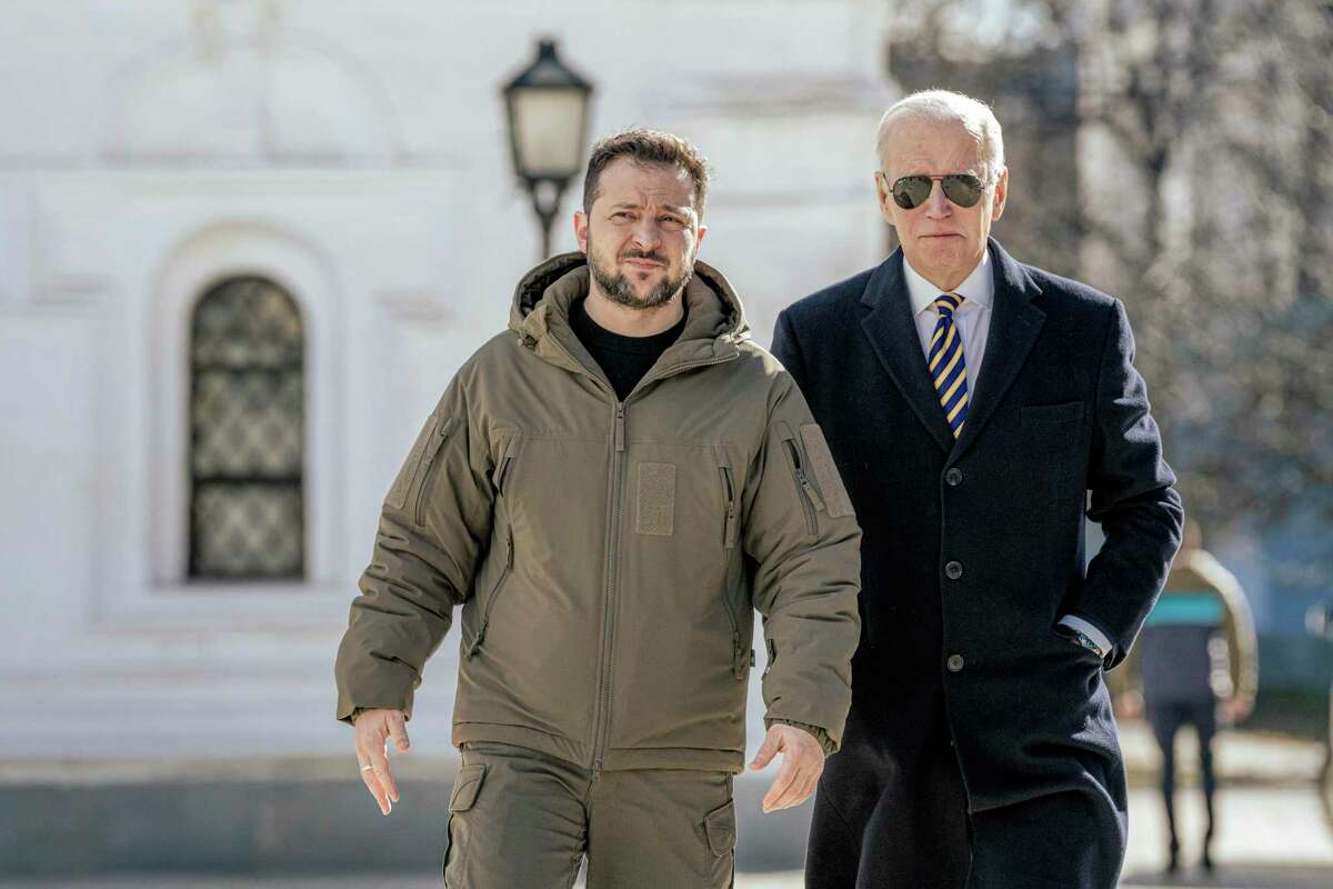 Joe Biden, right, visits with Ukrainian President Volodymyr Zelenskyy in February. “Appetites of the autocrat cannot be appeased,” Biden said last week in Warsaw, Poland. “They must be opposed.”