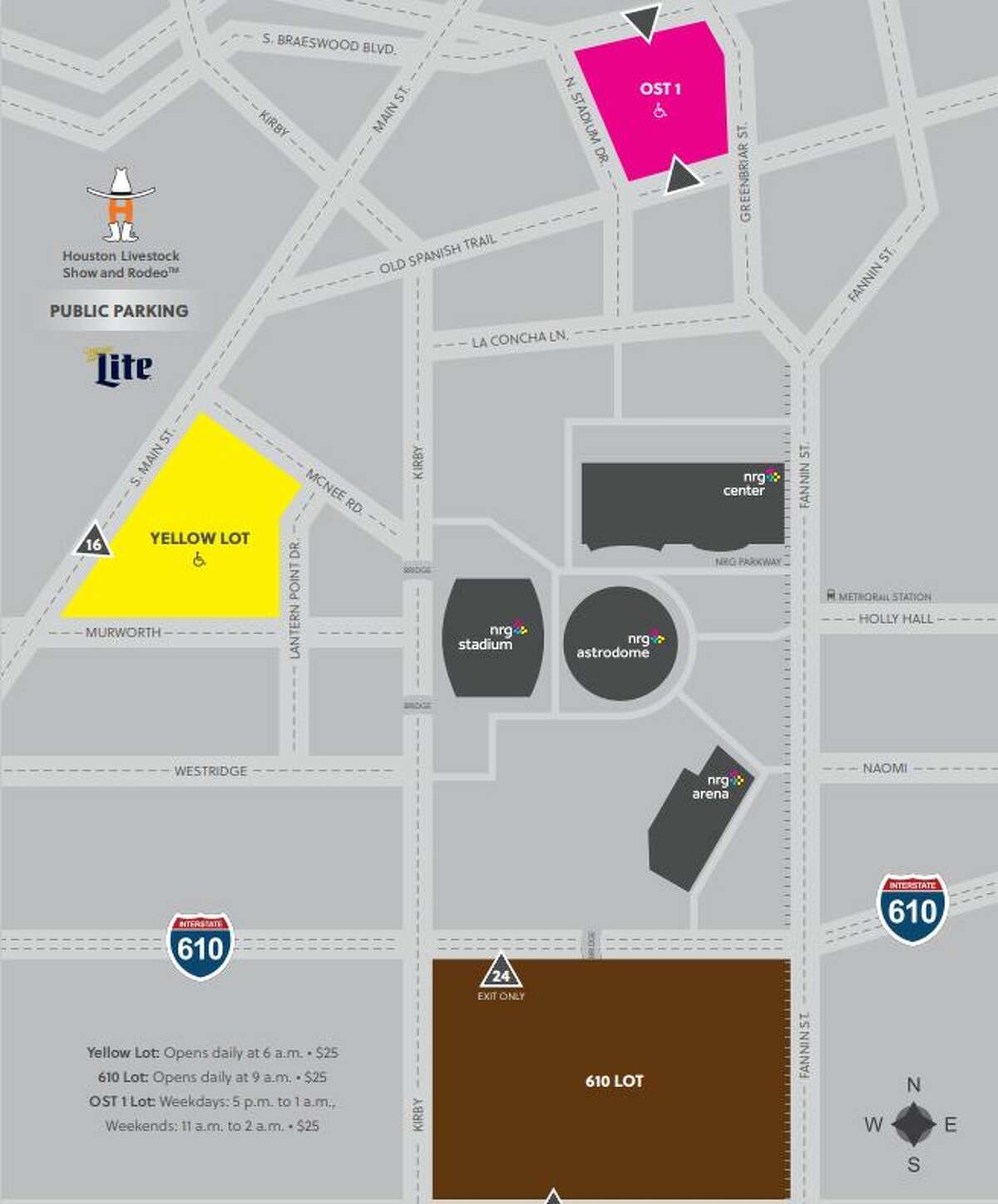 A map shows public parking lots available near NRG Park for the Houston Livestock Show and Rodeo. 