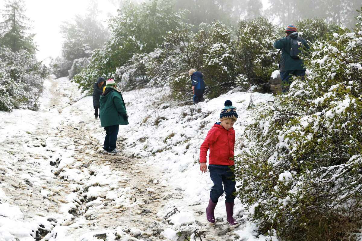 Family members walk along the snowy South Gate Trail at Tilden Regional Park in Berkeley on Friday after a night of heavy rains and low temperatures across the Bay Area.