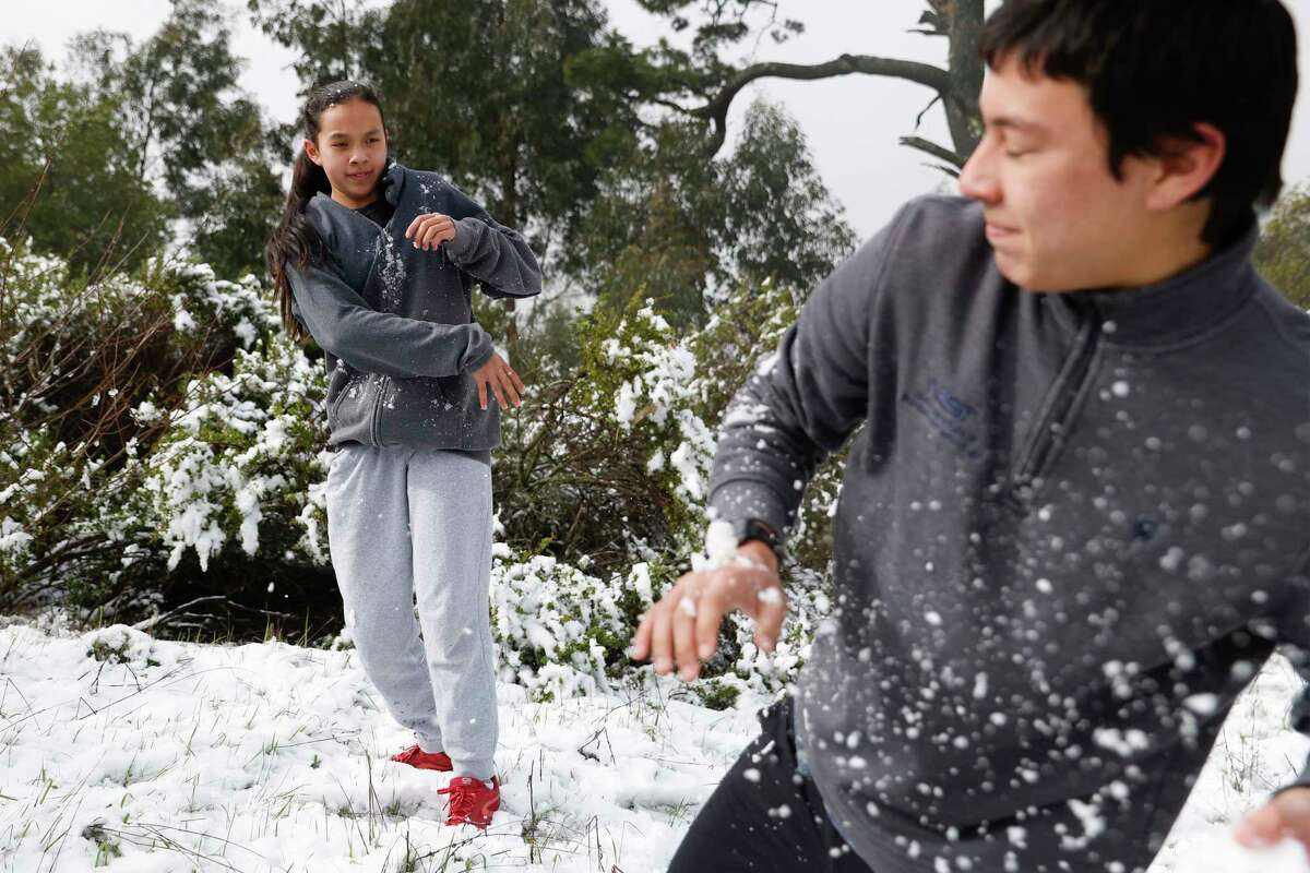 12岁的梅梅·鲍登来自肯辛顿，在伯克利蒂尔登地区公园南门小径上散步时，用雪球砸向15岁的弟弟PJ·鲍登。一夜的大雨和低温席卷了整个湾区。登录必赢亚洲