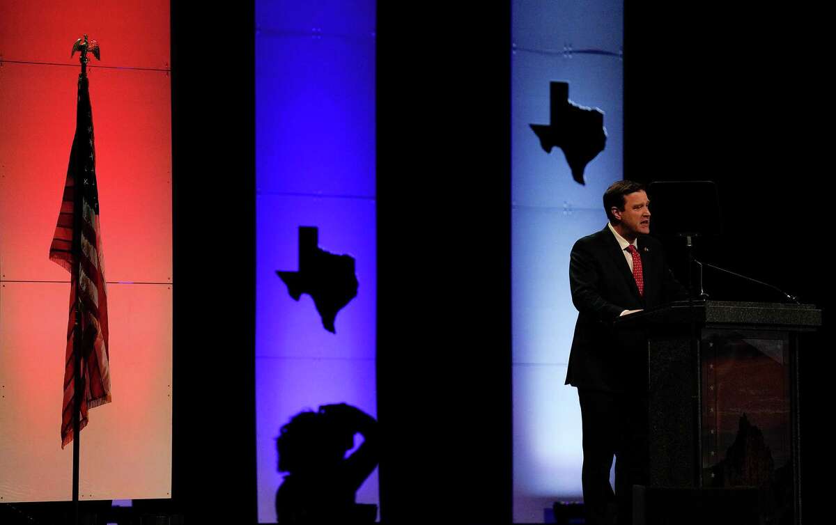 Texas Supreme Court Justice Evan Young addresses delegates during the second general meeting of the Republican Party of Texas convention at George R. Brown Convention Center on Thursday, June 16, 2022.