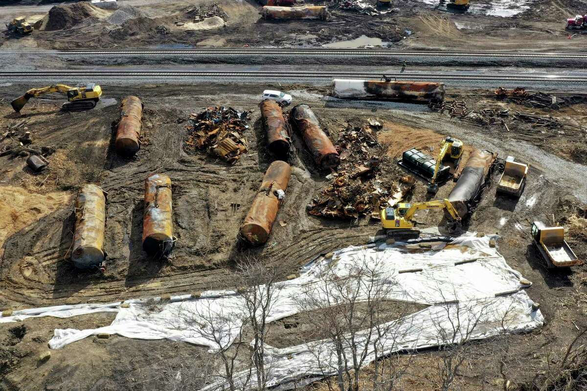 A view of the scene Friday, Feb. 24, 2023, as the cleanup continues at the site of of a Norfolk Southern freight train derailment that happened on Feb. 3 in East Palestine, Ohio.