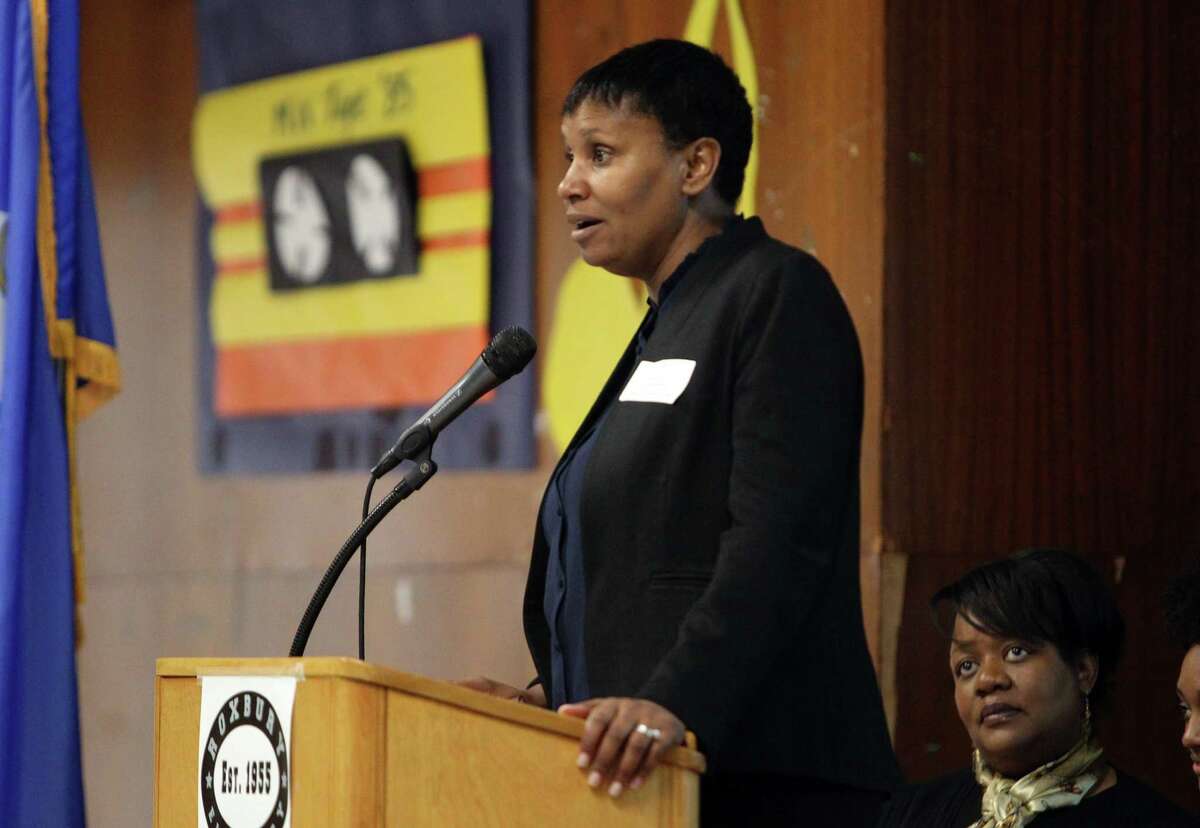 Dr. Tamu Lucero, Superintendent of Stamford Public Schools, speaks during an event at Roxbury Elementary School in Stamford, Conn., on Friday February 24, 2023.