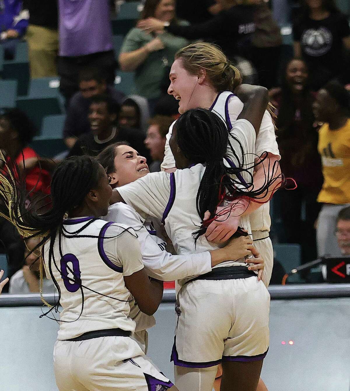 KATY, TX -FEBRUARY 24: Fulshear Chargers celebrate their win over Pflugerville Panthers during a Region III-5A semifinal basketball game at the Merrell Center February 24, 2023 in Katy,Texas.