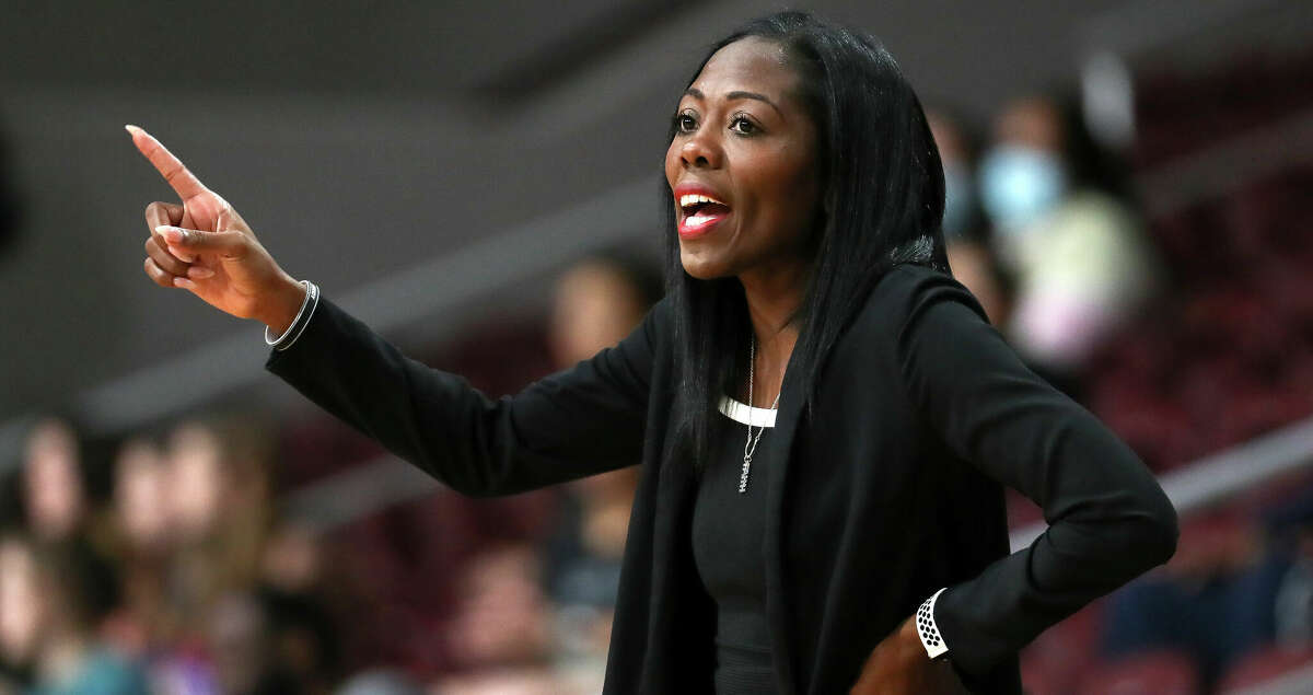 Cypress Springs head coach Taneisha Rogers is seen during the first quarter of a Region II-6A area high school basketball playoff game at the M.O Campbell Center, Friday, Feb. 17, 2023, in Houston.