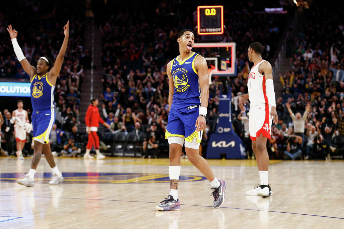 Warriors guard Jordan Poole had this reaction after sinking a long 3-pointer to beat the half-time buzzer.