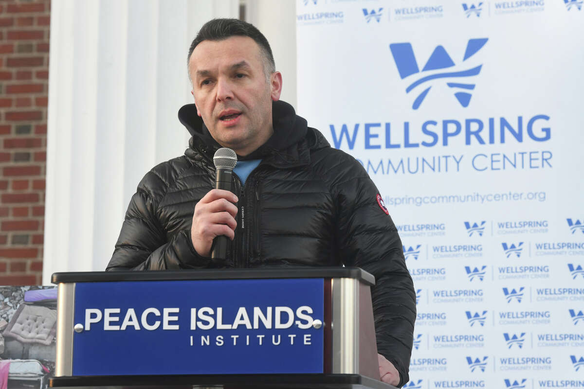 Wellspring Community Center President Ismail Yilmaz speaks during a prayer vigil on the steps of City Hall, in Milford, Conn. Feb. 24, 2023. Several dozen people gathered Friday evening to speak and pray for those affected by the recent earthquakes that have devastated Turkey and Syria.