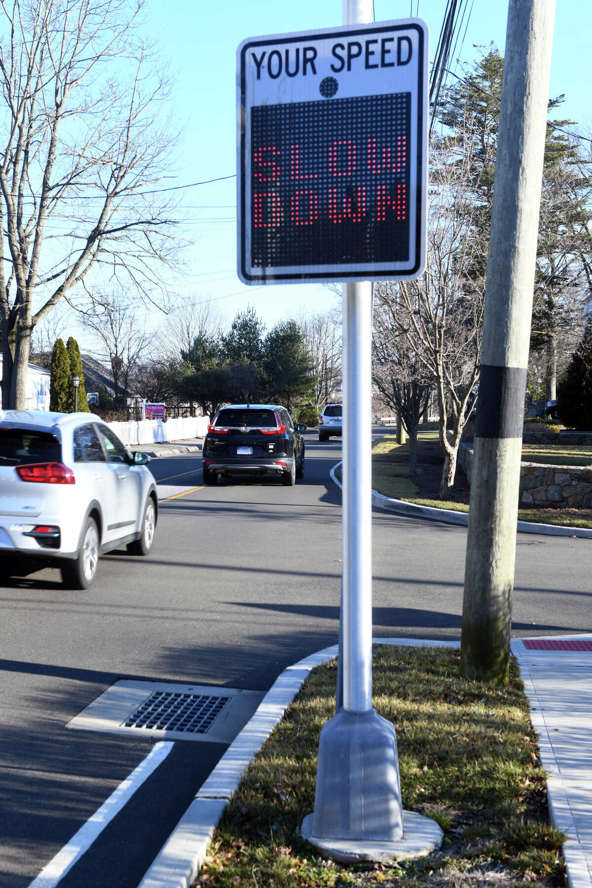 A digital radar speed sign on Gulf St. in Milford, Conn. Feb. 24, 2023.