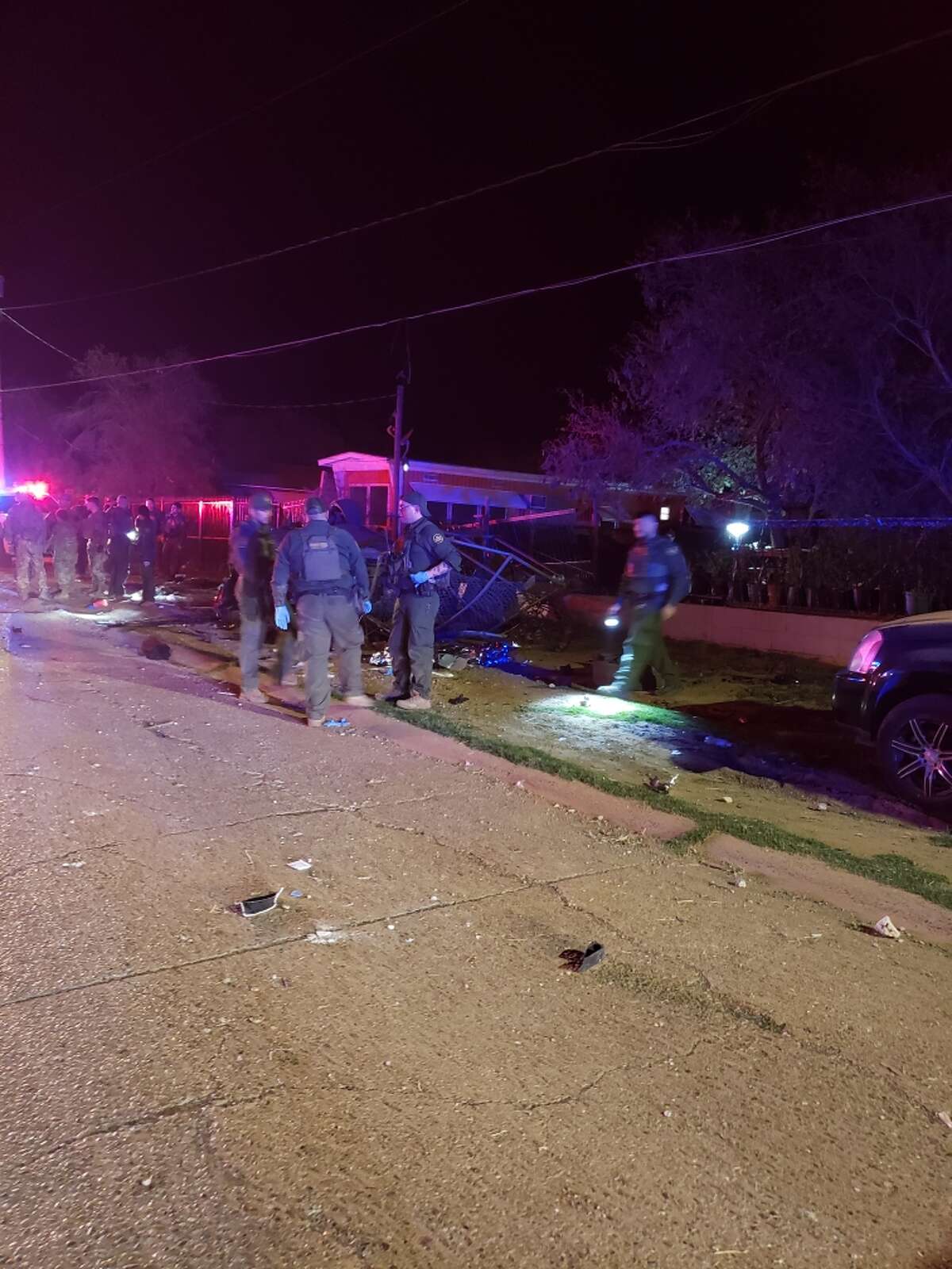 Scene from the crime scene taken around 4 a.m. after a high speed chase headed by Border Patrol led to a vehicle collision causing two casualties in Rio Bravo, Texas on Feb. 25, 2023.