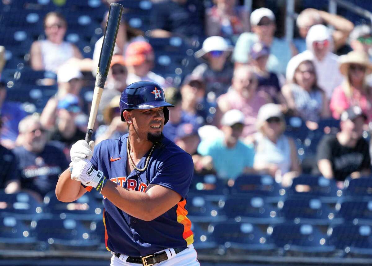 Houston Astros first baseman Jose Abreu (79) wipes sweat during the first  inning of a spring training game at The Ballpark of the Palm Beaches on  Saturday, Feb. 25, 2023 in West