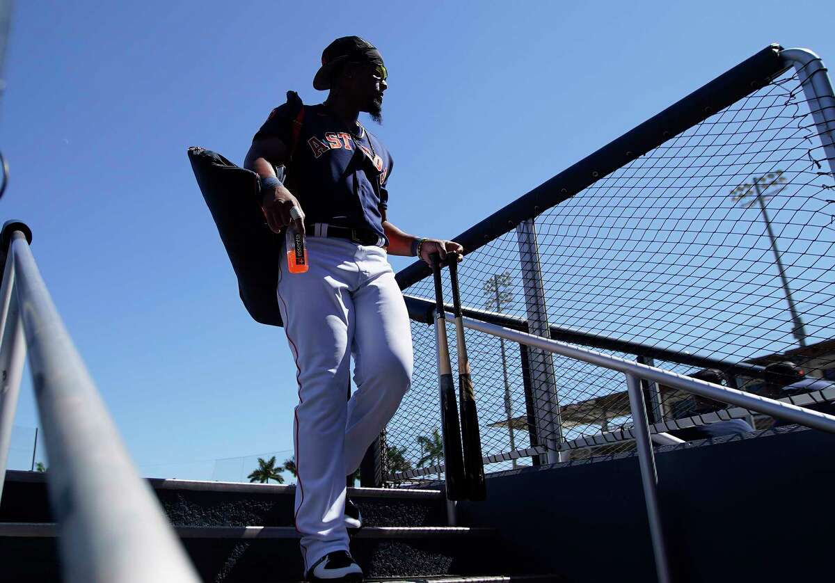 Houston Astros first baseman Jose Abreu (79) wipes sweat during the first  inning of a spring training game at The Ballpark of the Palm Beaches on  Saturday, Feb. 25, 2023 in West