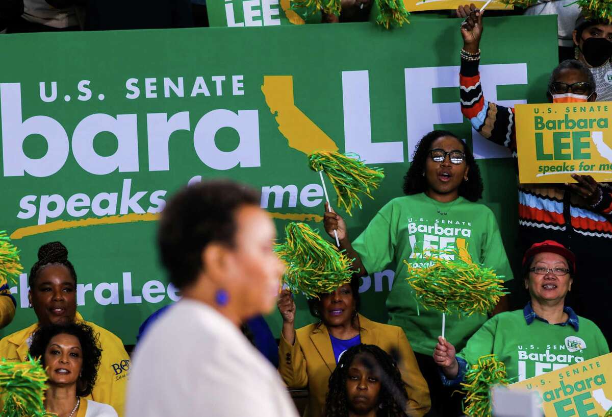 Supporters cheer Saturday as Rep. Barbara Lee speaks at Laney College in Oakland during a public kickoff of her Senate campaign.