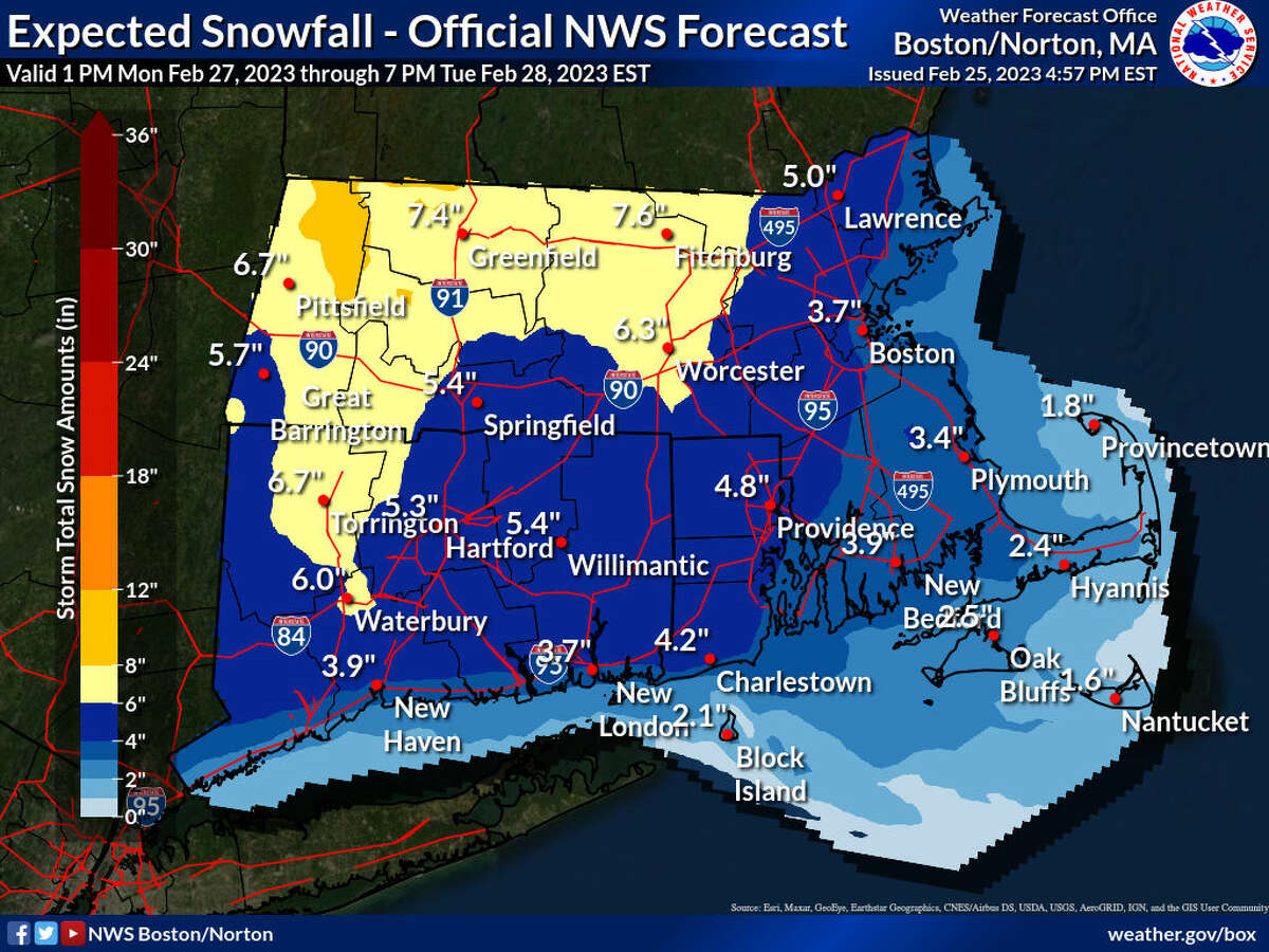 Parts of northwestern Connecticut could get up to 8 inches of snow during a Monday storm, with other areas seeing 3 to 7 inches, the national weather service said.