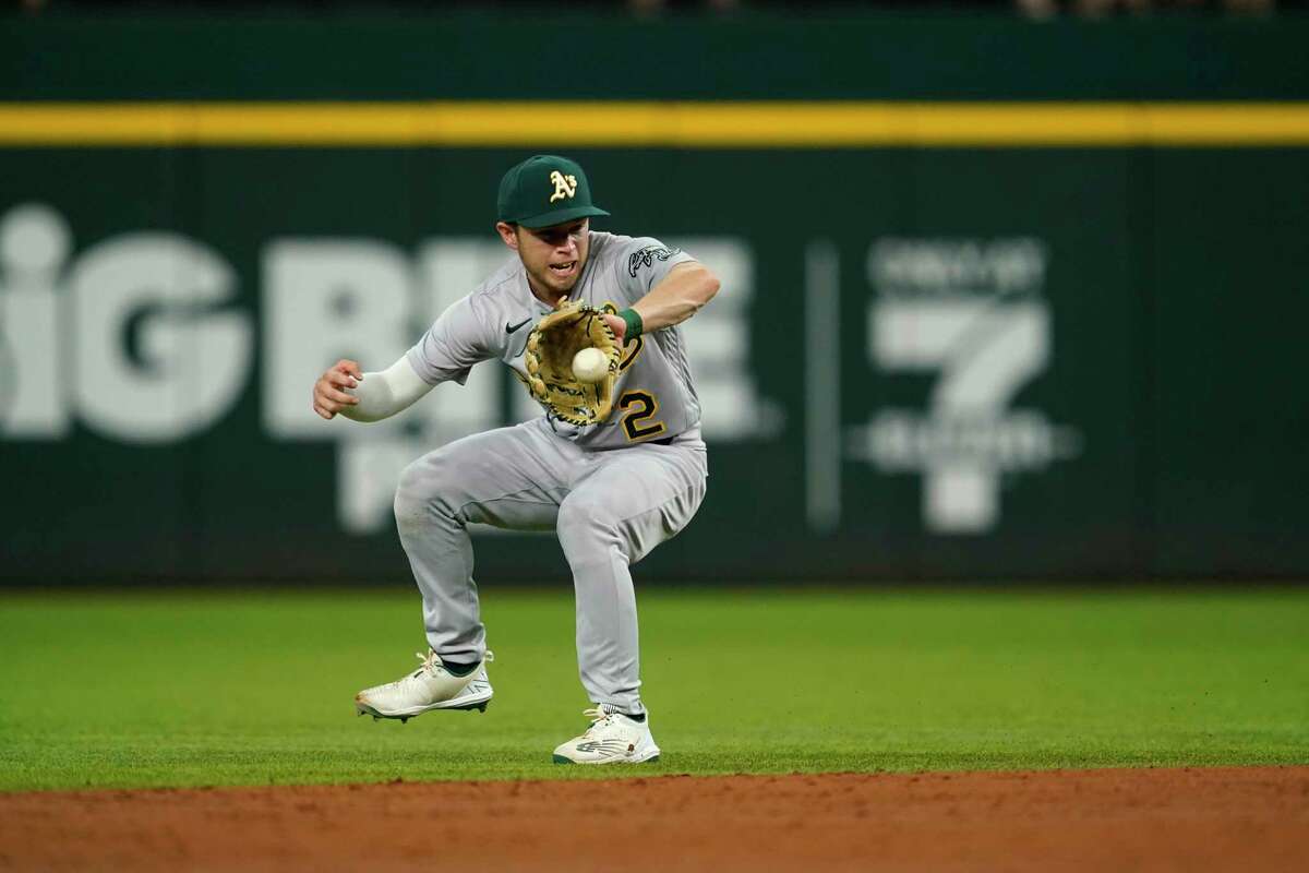 Nick Allen fields a grounder against the Rangers in Arlington, Texas, on Aug. 16, 2022. Allen is set to be the A's primary shortstop in 2023.