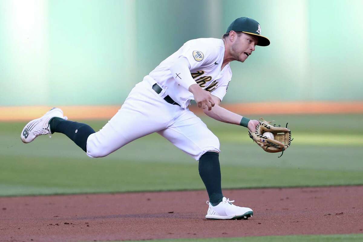 Shortstop Nick Allen, shown fielding on Aug. 8, has been wowing Oakland’s coaching staff with his defensive skills.
