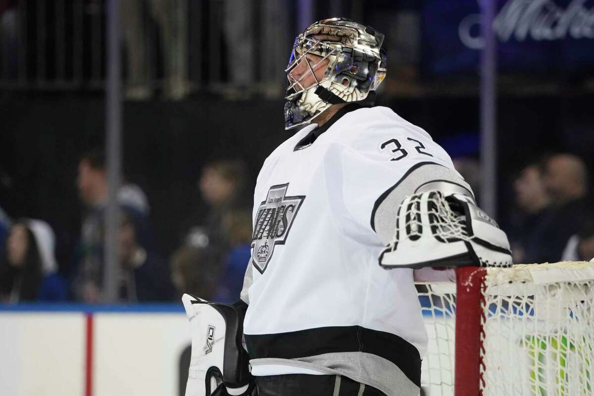 Los Angeles Kings goaltender Jonathan Quick (32) reacts after New York Rangers' Vincent Trocheck scored his second goal of an NHL hockey game, during the second period, Sunday, Feb. 26, 2023, in New York.