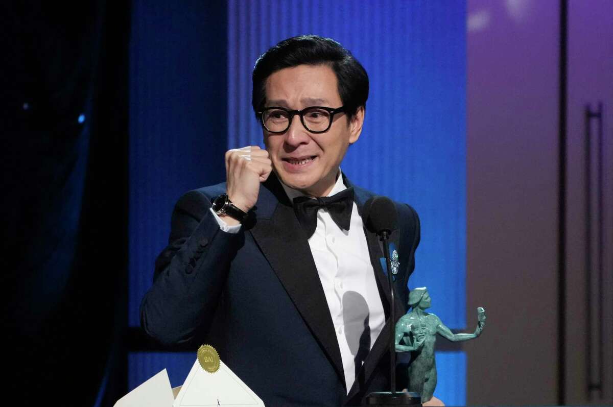 Ke Huy Quan accepts the award for outstanding performance by a male actor in a supporting role for "Everything Everywhere All at Once" at the 29th annual Screen Actors Guild Awards on Sunday, Feb. 26, 2023, at the Fairmont Century Plaza in Los Angeles.