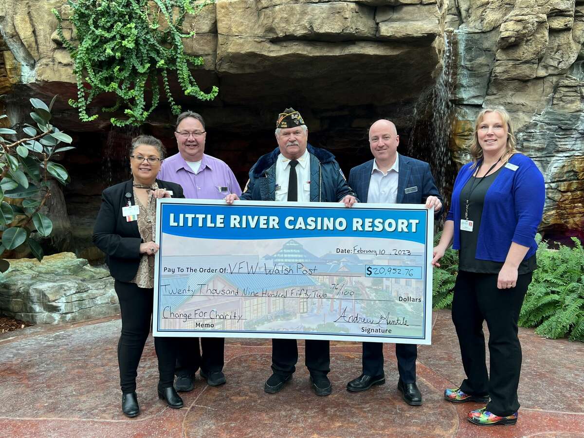 The Manistee VFW Walsh Post No . 3265 receives $20,952.76 from the  Little River Casino Resort's Change for Charity program.