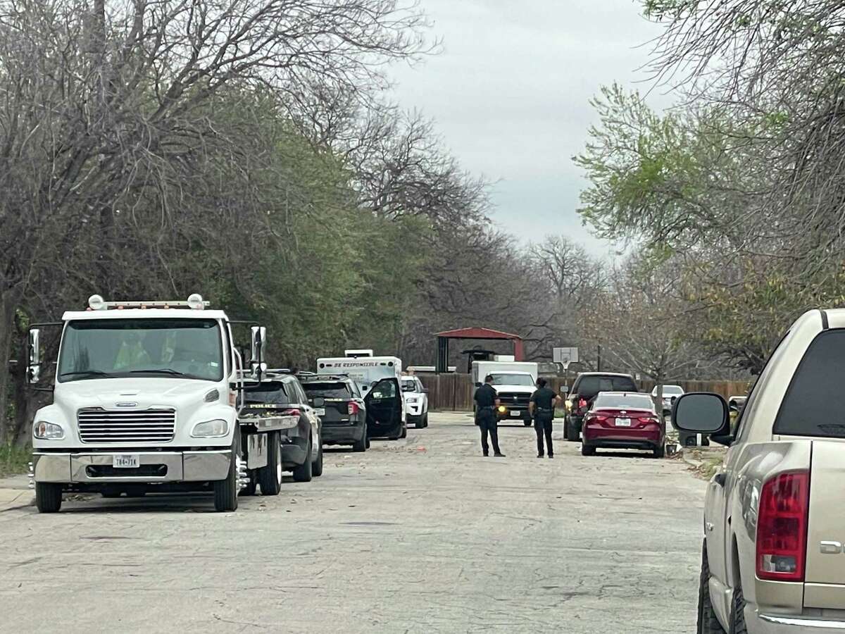 San Antonio police and firefighters investigate the scene of a fatal dog attack Friday in the 2800 block of Depla Street.