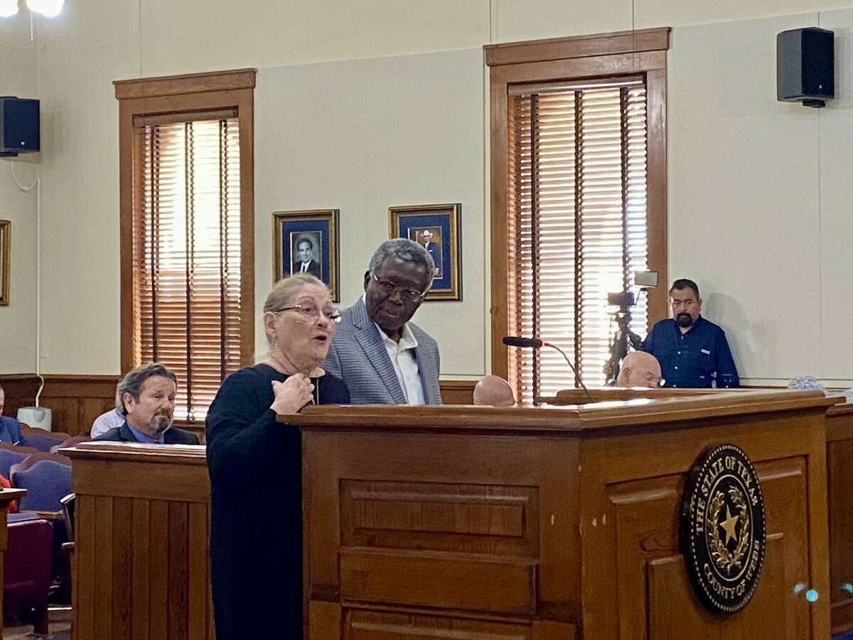 Susan Foster, Director of Texas A&M International University's Office of Continuing Education, and Dr. Peter Haruna, Professor and Director of Masters of Public Administration explain to the Webb Co. Commissioners Court the Certified Public Manager program on Monday, Feb. 27, 2023.