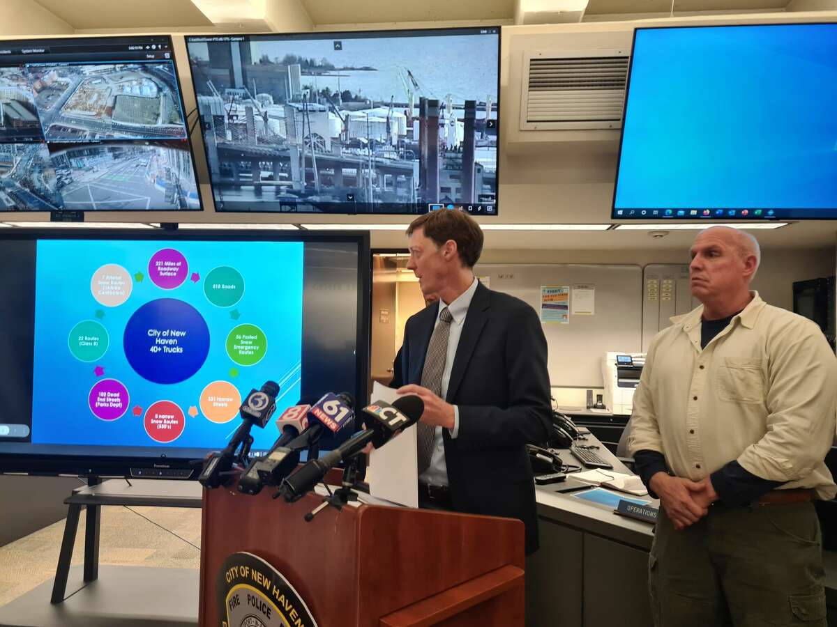 Mayor Justin Elicker speaks at a press conference at New Haven Emergency Operation Center Feb. 27, 2023.
