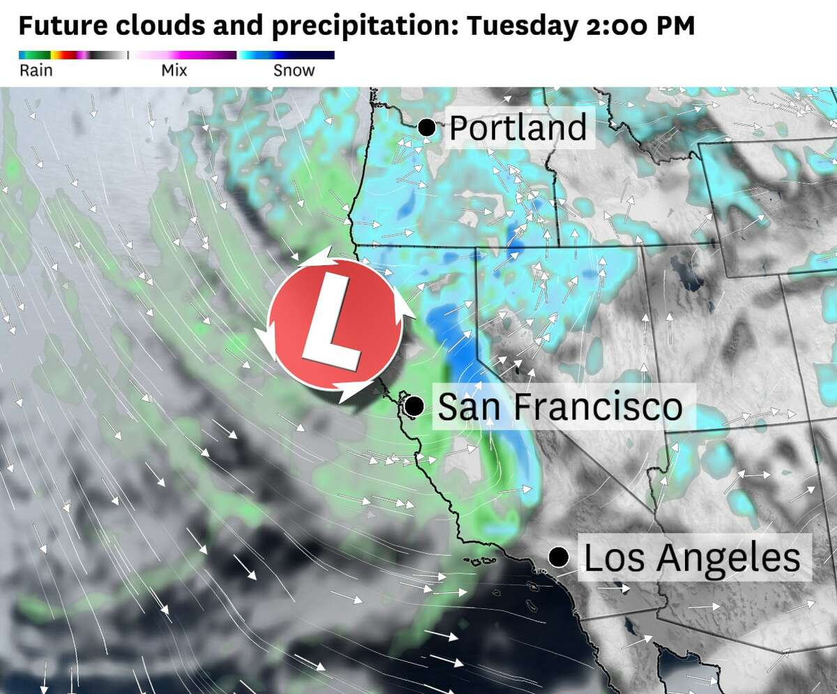 The American weather model’s rendering of Tuesday’s winter storm that’s slated to raise 100 mph gusts and several feet of snow at the summits of the Sierra Nevada.