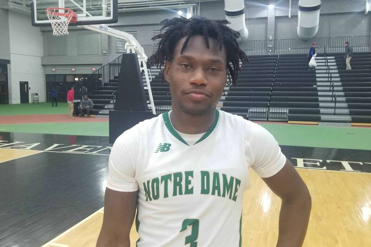Mekhi Conner scored 29 points to lead Notre Dame-West Haven over Fairfield Prep 79-48 in the SCC tournament semifinals at the Floyd Little Athletic Center in New Haven Feb. 27, 2023.