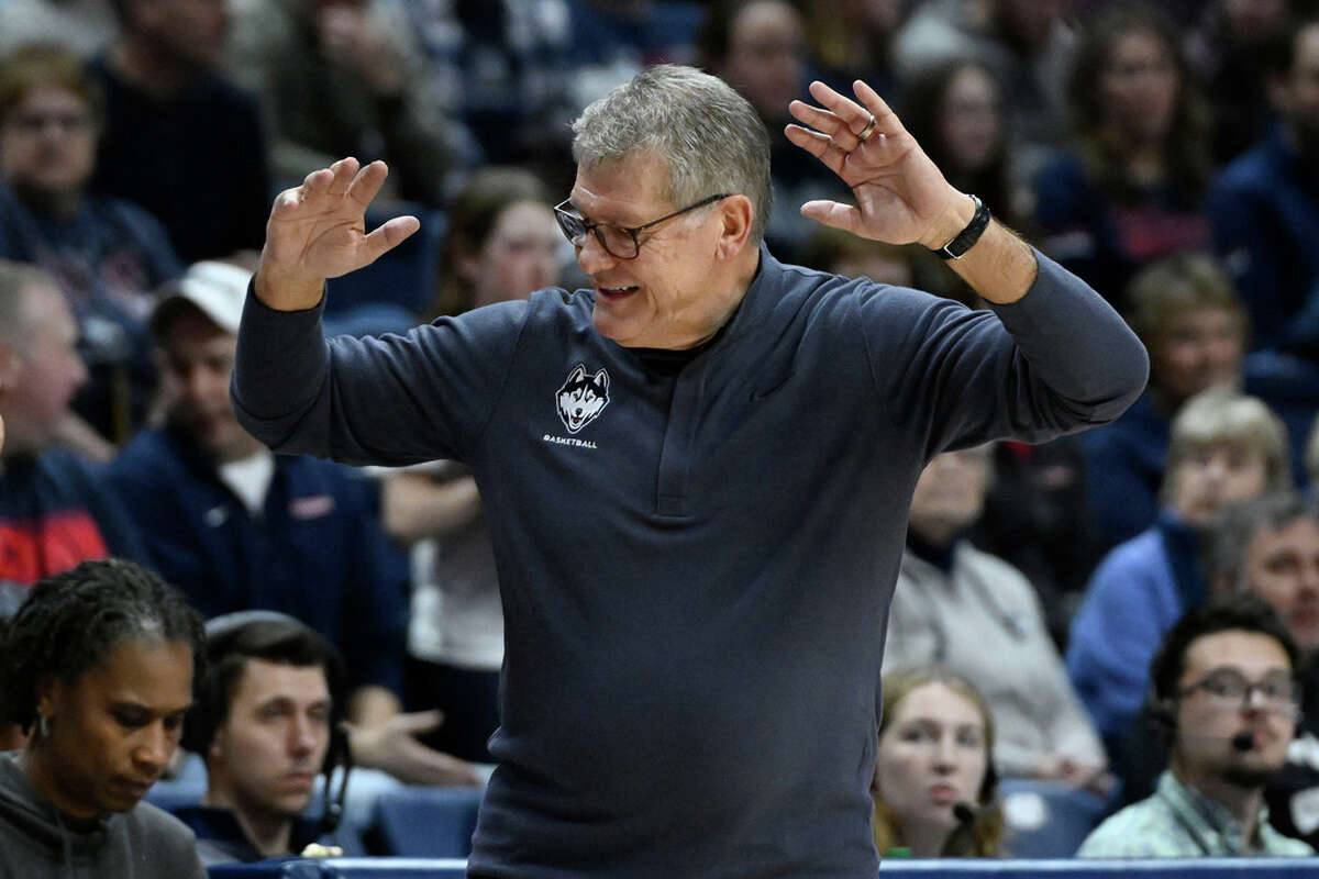 UConn head coach Geno Auriemma reacts in the second half of an NCAA college basketball game against Xavier, Monday, Feb. 27, 2023, in Storrs, Conn. (AP Photo/Jessica Hill)
