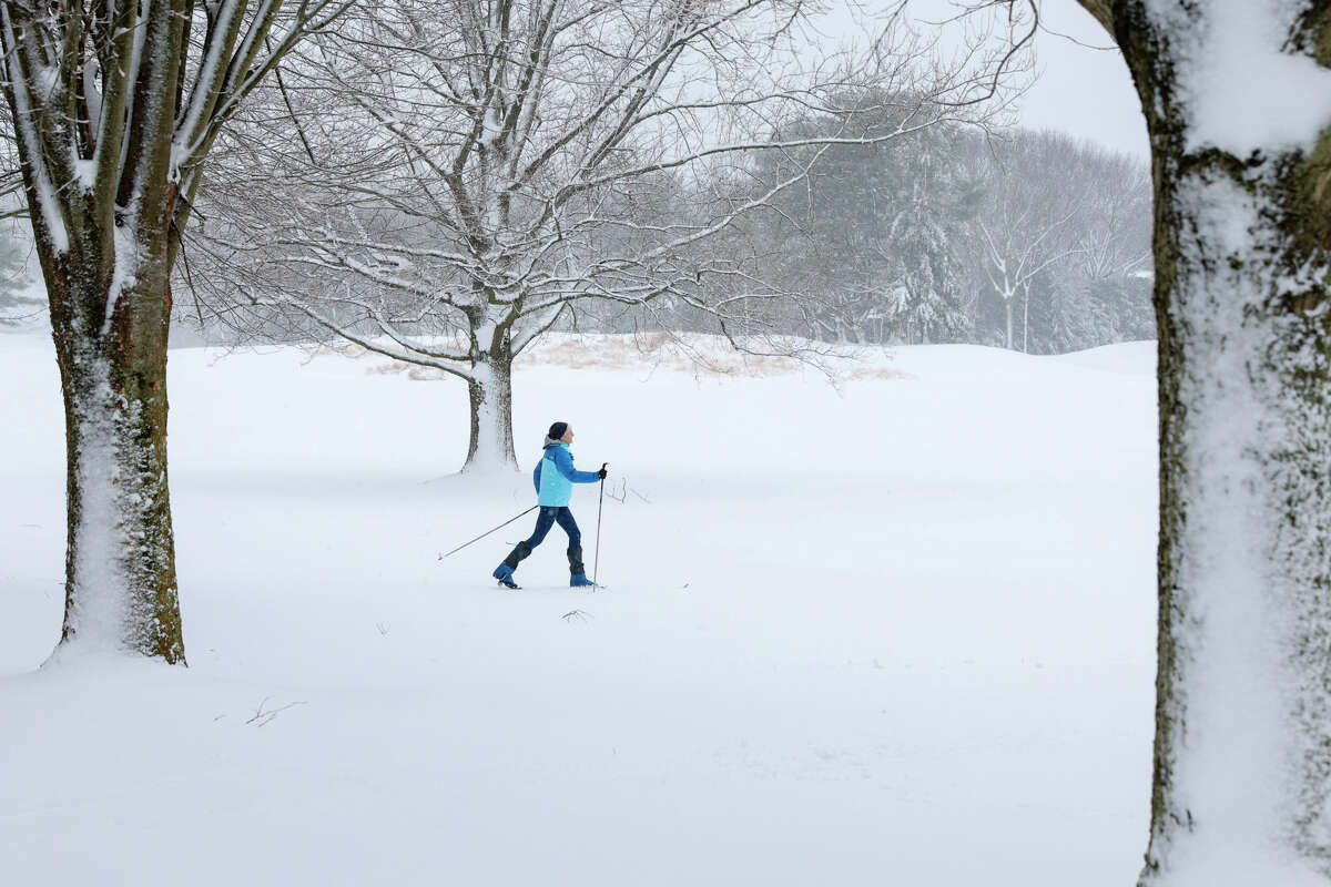 A cross-country skier passes by in Westport, Conn. Tuesday, Feb. 28, 2023. The first widespread snow event of the season saw several inches fall across the state, closing schools and state offices.