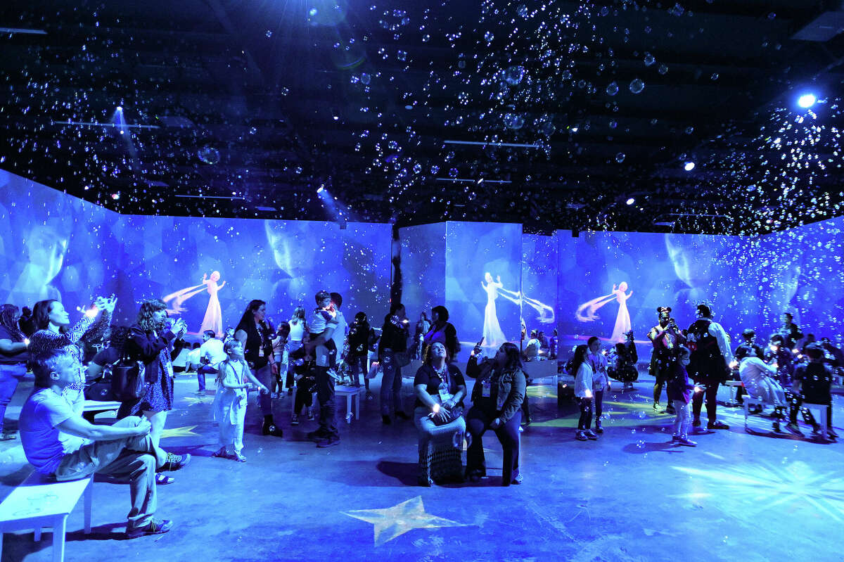 Bubbles fill the gallery during a sequence devoted to "Frozen II" in "Disney Animation: Immersive Experience." It is one of three moments in the show featuring bubbles.