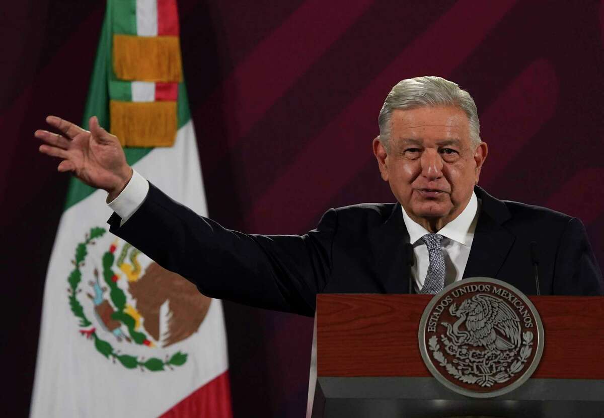 Mexican President Andres Manuel Lopez Obrador gives his regularly scheduled morning press conference at the National Palace in Mexico City, Tuesday, Feb. 28, 2023.
