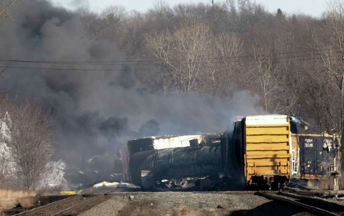 Smoke rises from a derailed cargo train in East Palestine, Ohio, on Feb. 4