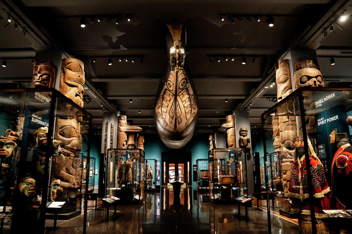 Artifacts, dioramas, and representations of Native American culture from the northwest coast of North America are displayed at the American Museum of Natural History in New York in May 2022 after undergoing an extensive renovation based on input from representatives of Indigenous tribes whose cultures are on display.