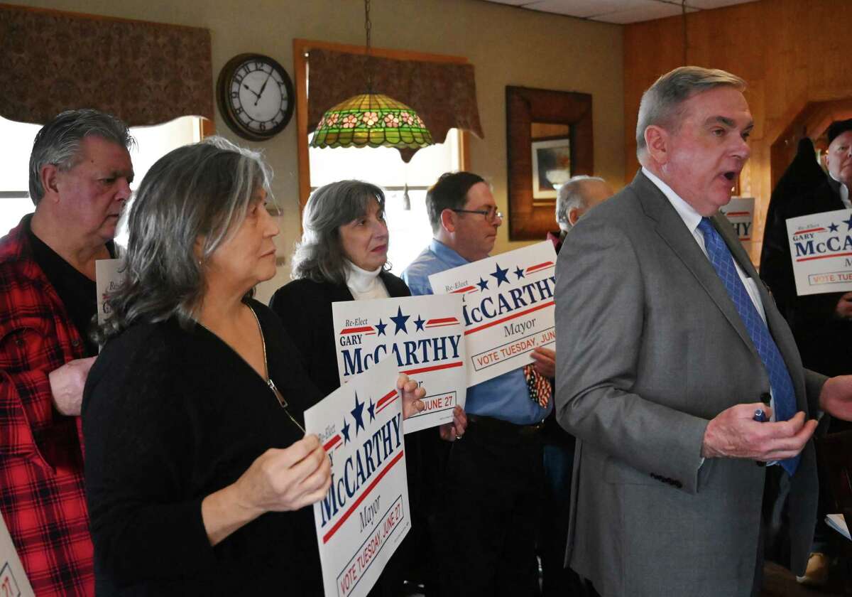 Schenectady Mayor Gary McCarthy announces his re-election campaign during a press conference on Tuesday, Feb. 28, 2023, at the Blue Ribbon Diner in Schenectady, N.Y.