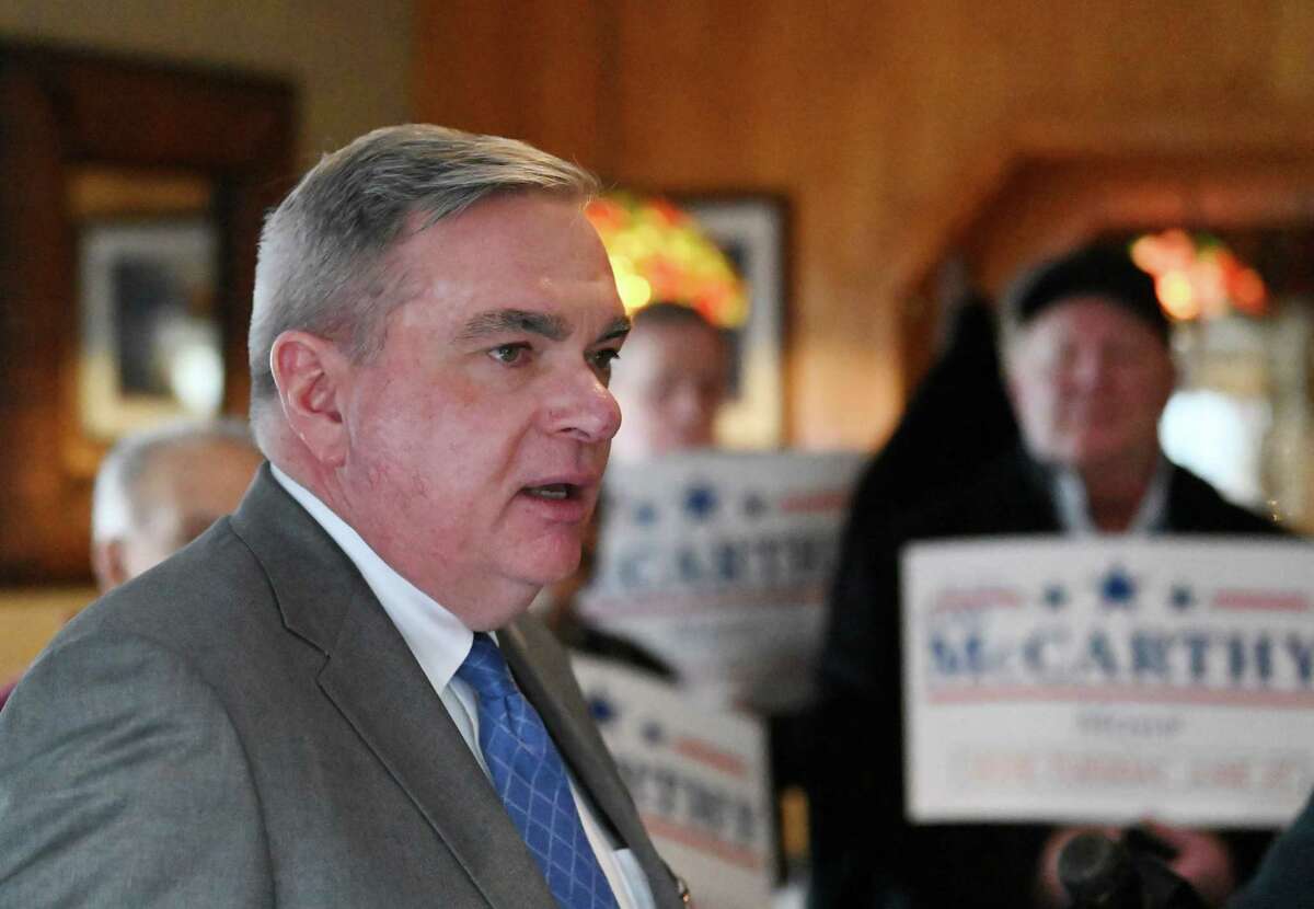 Schenectady Mayor Gary McCarthy announces his re-election campaign during a press conference on Tuesday, Feb. 28, 2023, at the Blue Ribbon Diner in Schenectady, N.Y.