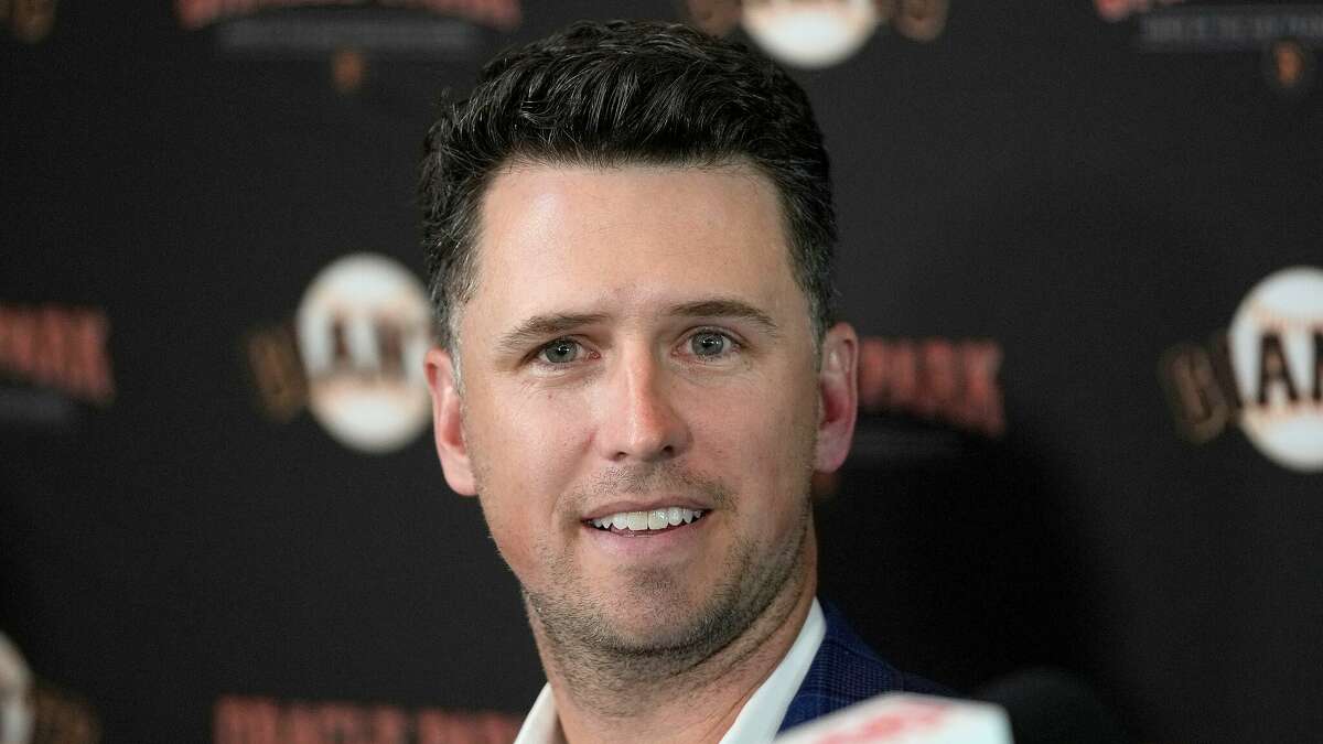 Former Giants catcher Buster Posey at his retirement press conference in November 2021.