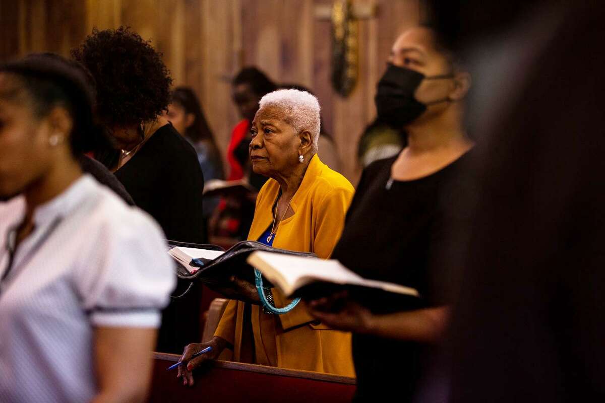 Helen Jackson Franks stands during the sermon at First Baptist Church NBC in San Marcos on Sunday, Feb. 26, 2023.