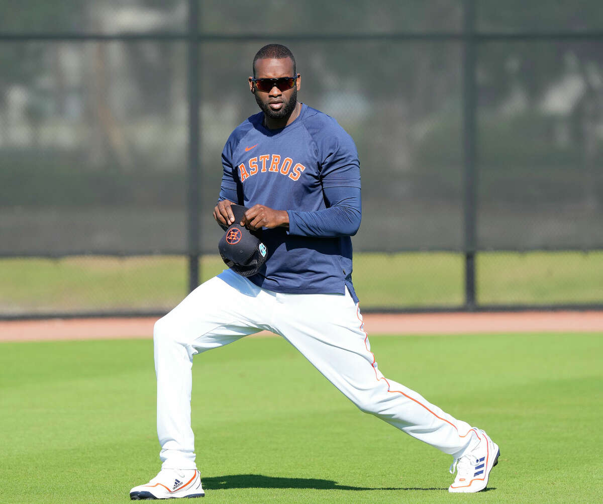 Houston Astros outfielder Yordan Alvarez (44) stretches during spring training workouts at the Astros spring training complex at The Ballpark of the Palm Beaches on Saturday, Feb. 25, 2023 in West Palm Beach .