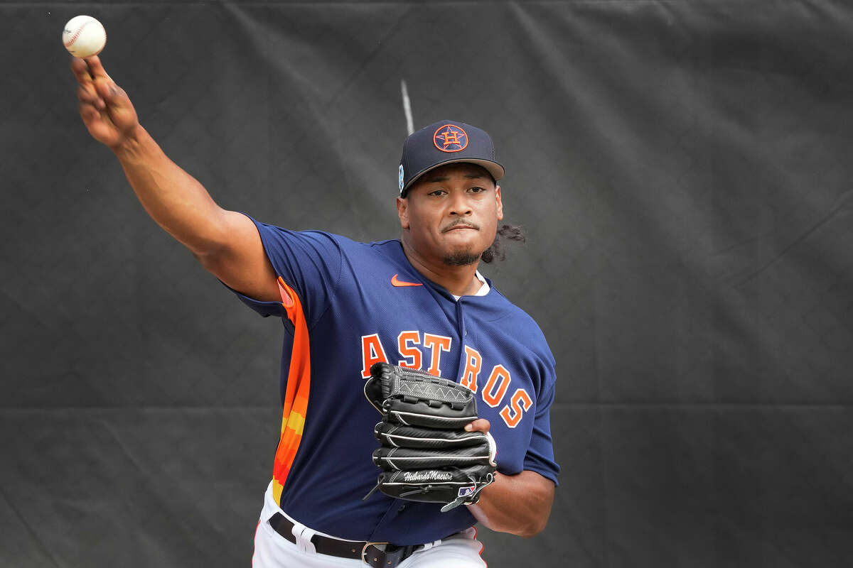 Houston Astros pitcher Luis Garcia (77) pitches during workouts for pitchers and catchers at the Astros spring training complex at The Ballpark of the Palm Beaches on Friday, Feb. 17, 2023 in West Palm Beach, Florida.