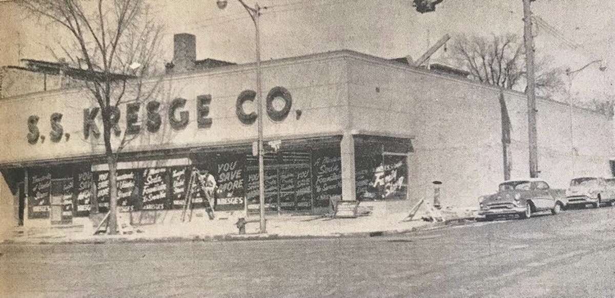 The newest building on the downtown intersection of Ashman and Main streets is the S.S. Kresge Co. store. The one-story building will be air-conditioned for year-round shopping comfort. A 30-stool luncheon fountain also is featured. New manager of the local store in K.W. Kinnaman.