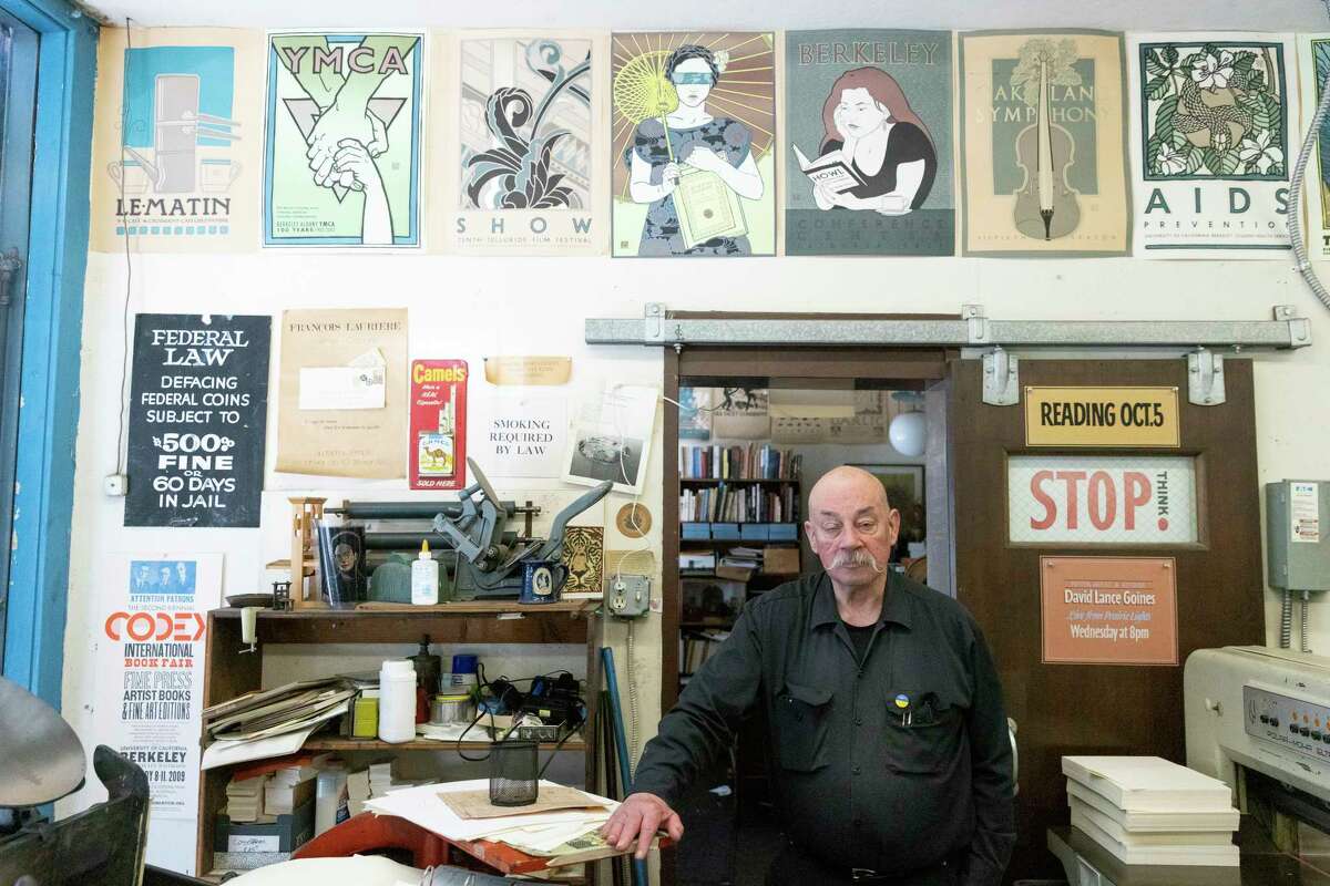 David Lance Goines, artist, calligrapher, typographer and printing entrepreneur, at his workshop Saint Hieronymus Press in Berkeley last year. 