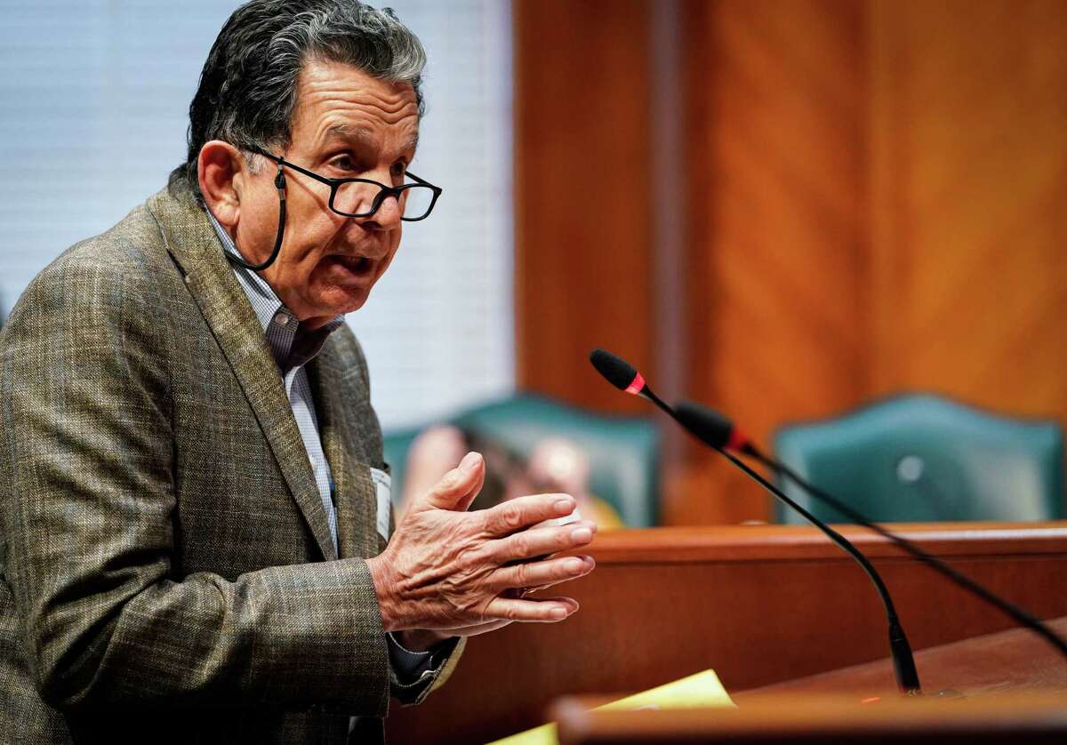 Chris Pappas, CEO of Pappas Restaurants, Inc., speaks to city council members and Mayor Sylvester Turner about an airport vendor contract for Hobby Airport on Tuesday, Feb. 28, 2023, at Houston City Hall in Houston.