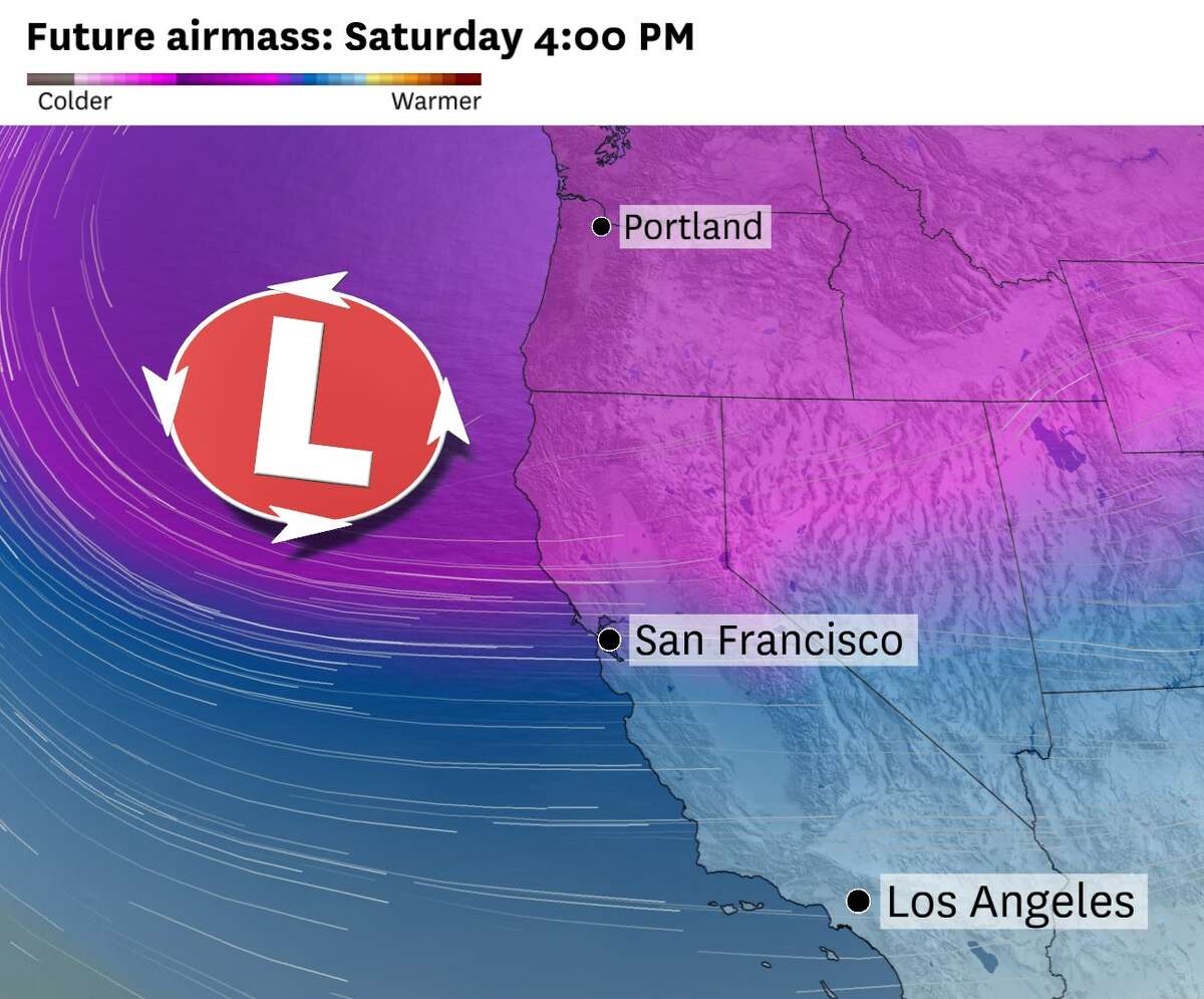 The low-pressure system that’s slated to slice this week’s high-pressure system in half, allowing moisture to spill into California again by the start of this weekend.