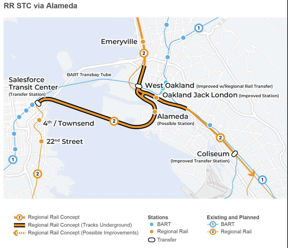 A rendering of a proposed path of the Link21 project, which would add another railway connection between San Francisco and the East Bay.