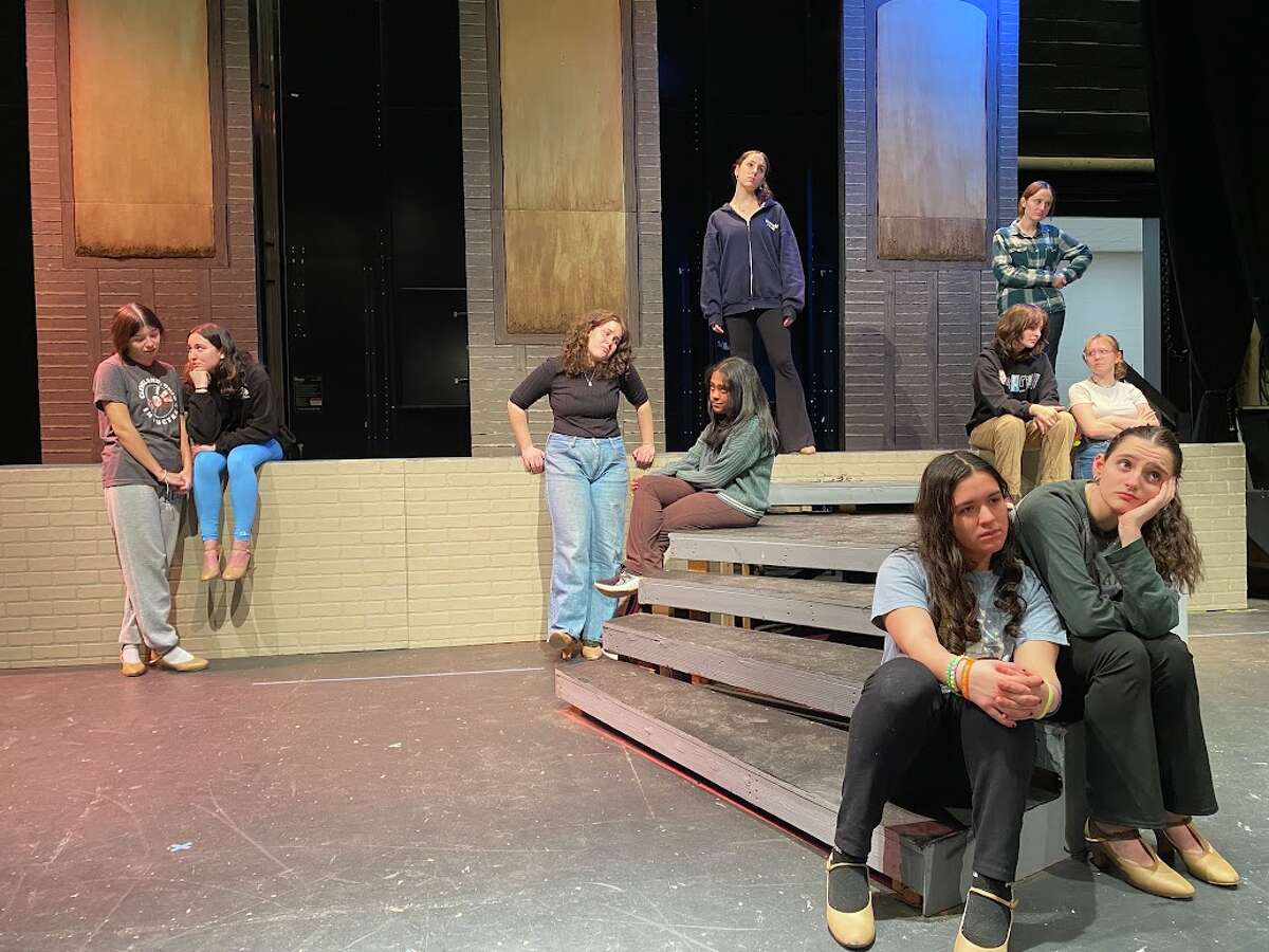 Trumbull High students rehearsing their characters' responses to disappointing news. Trumbull High students will be presenting a production of 42nd Street in March.