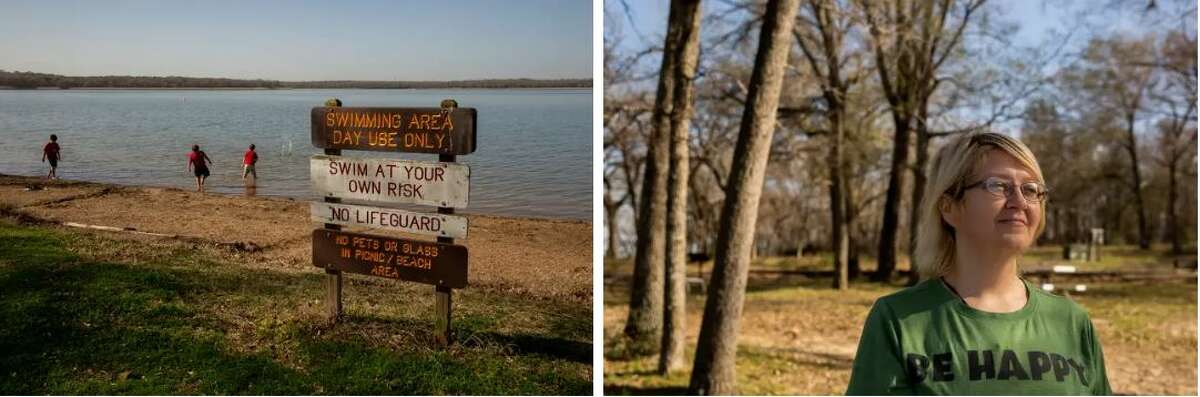 First: Mary Navarro's children collect seashells and skip rocks from the bank of Fairfield Lake. Last: Navarro brought her five children to the park on Monday before it permanently closes.
