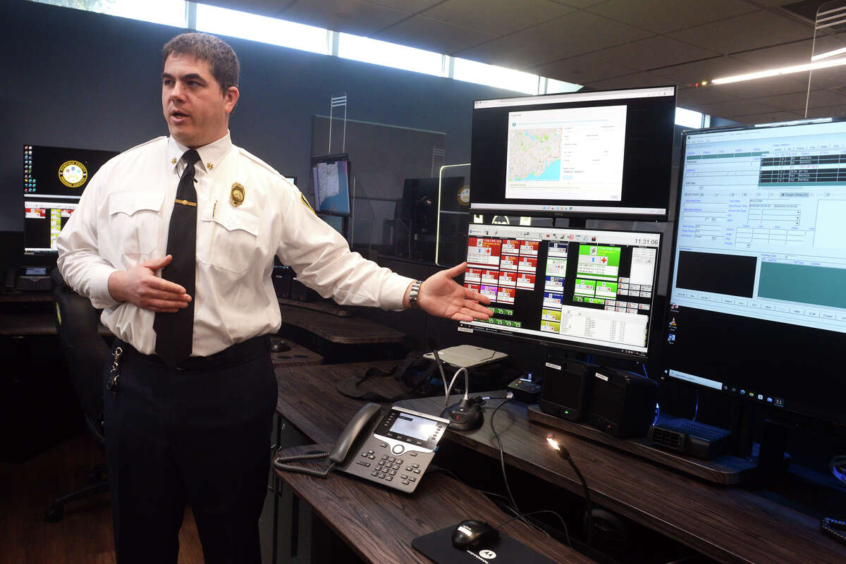 Assistant Westport Fire Chief Mathew Cohen speaks during a tour of the new Regional Dispatch Center, located on the campus of Sacred Heart University, in Fairfield, Conn. Feb. 28, 2022.