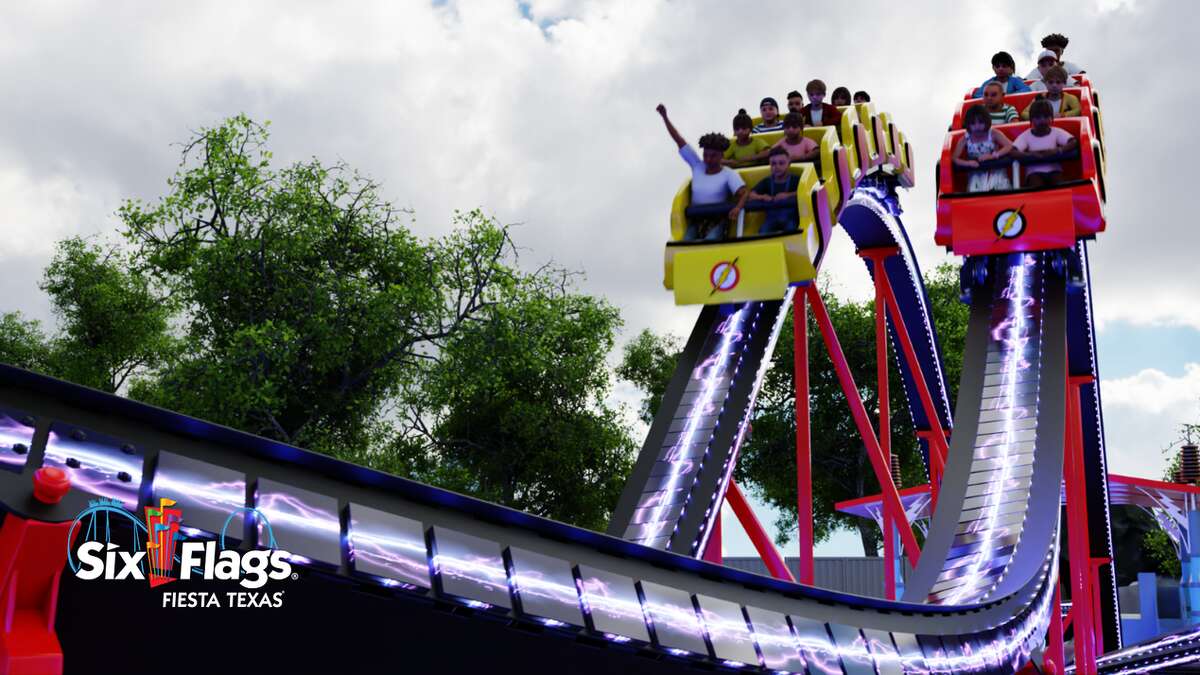 San Antonio's Six Flags Fiesta Texas will debut the new Kid Flash coaster this summer, which features twin racing train cars.