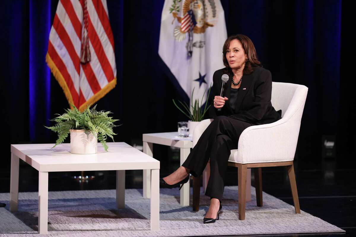 Vice President Kamala Harris speaks at a climate event at the Fort Mason Center for Arts & Culture in San Francisco on Oct. 18, 2022. She will return to the city this Friday for a roundtable focused on Asian American and Pacific Islander small-business entrepreneurship.