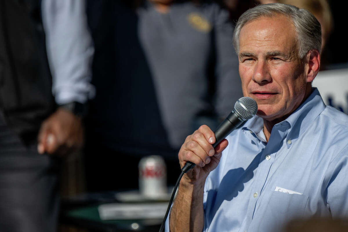 KATY, TEXAS - OCTOBER 27: Texas Gov. Greg Abbott speaks during a 'Get Out The Vote' rally at the Fuzzy's Pizza & Italian Cafe on October 27, 2022 in Katy, Texas. (Photo by Brandon Bell/Getty Images)